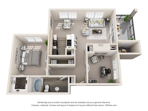 Floor plan for 1 bed, 1 bath, 914 sqft